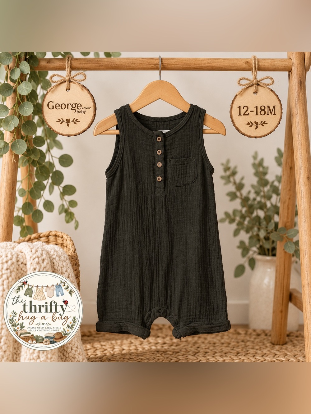 George Baby Charcoal Muslin Romper | 12–18M 🖤